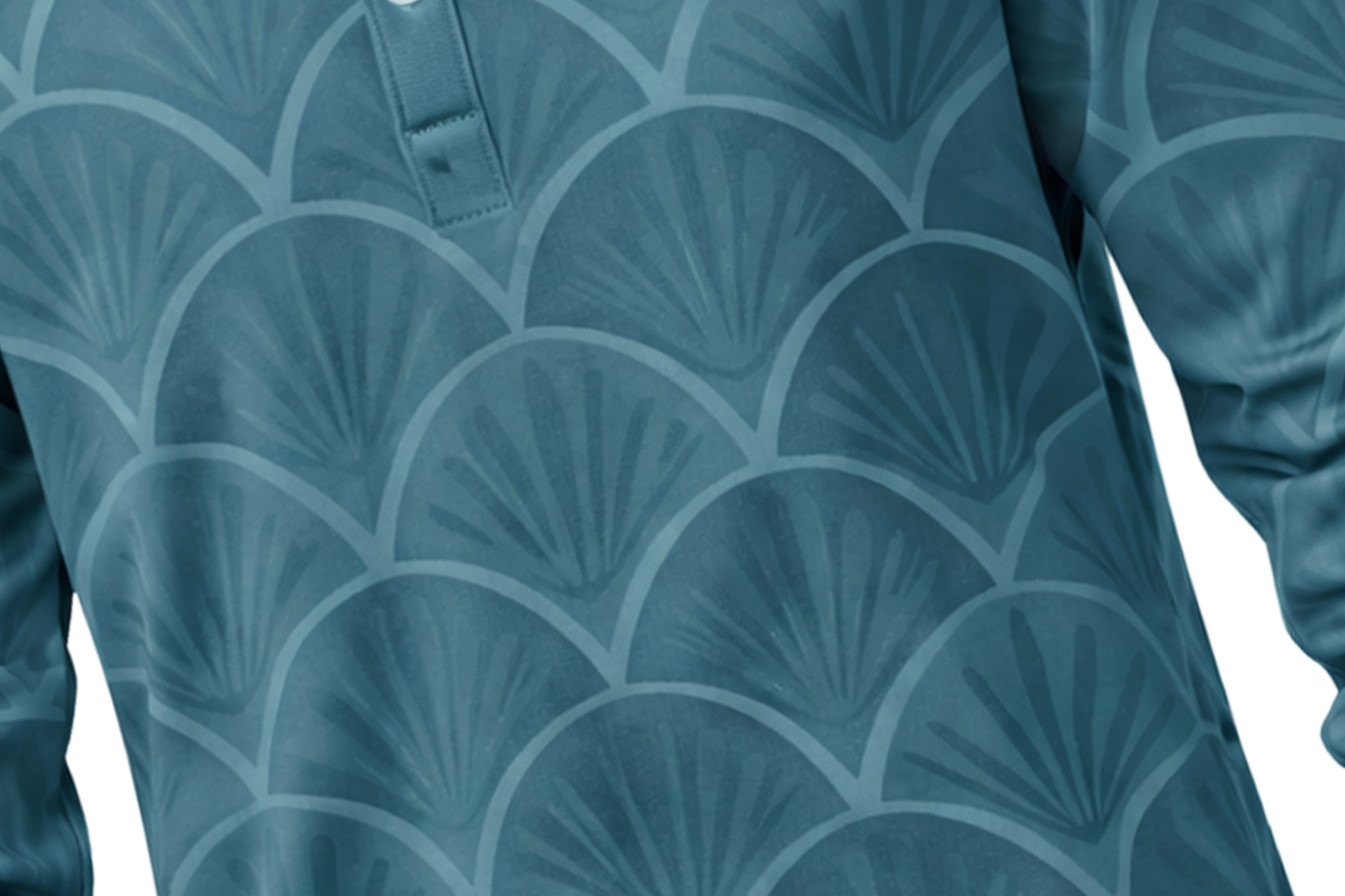 Teal patterned shirt with 'Sunfolk Apparel' logo on a white background