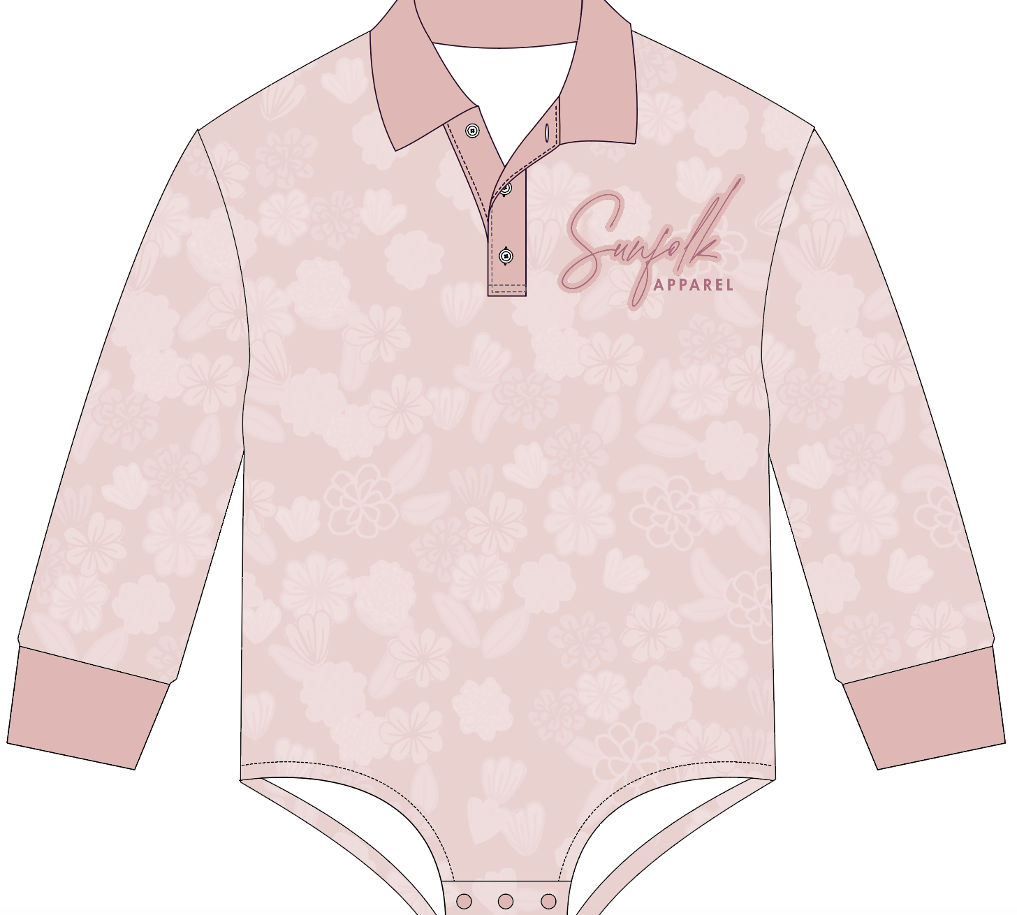 Pink patterned onesie with 'Sunflok Apparel' logo on a white background