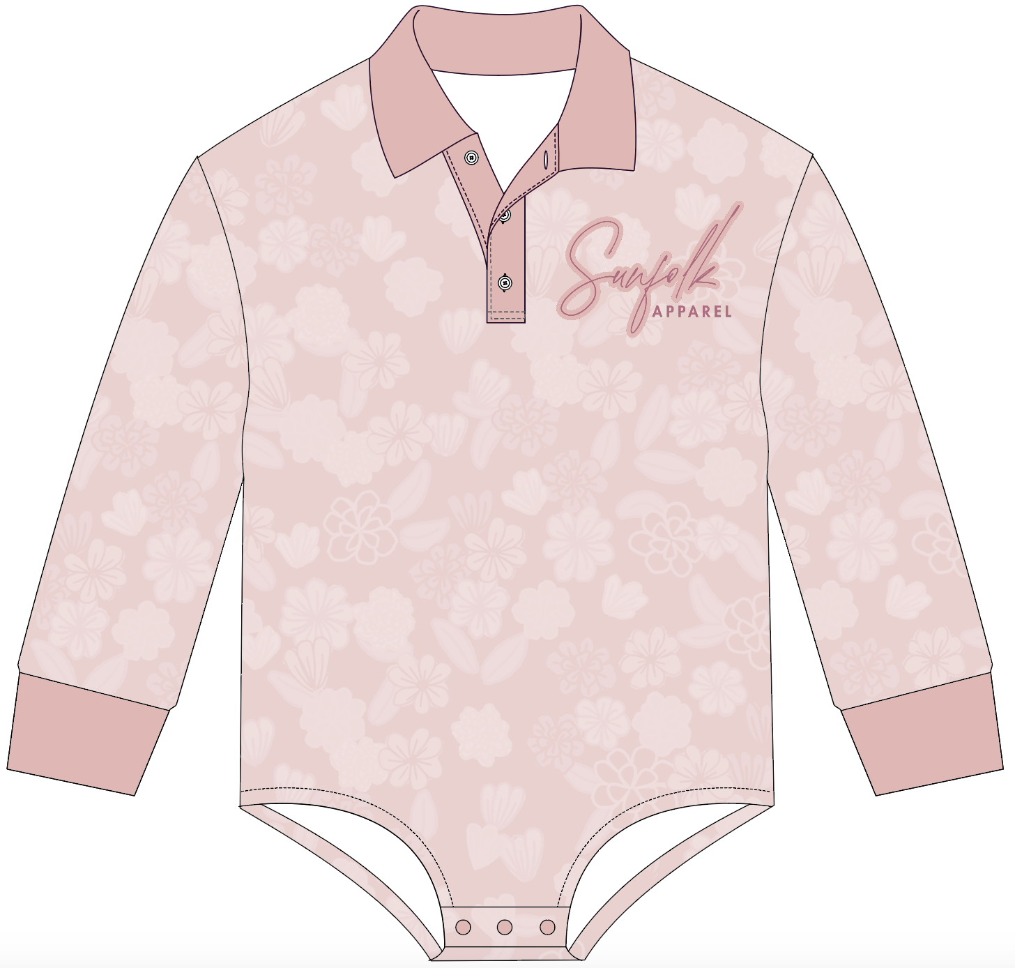 Pink patterned onesie with 'Sunflok Apparel' logo on a white background