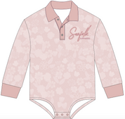 Pink patterned onesie with 'Sunflok Apparel' logo on a white background