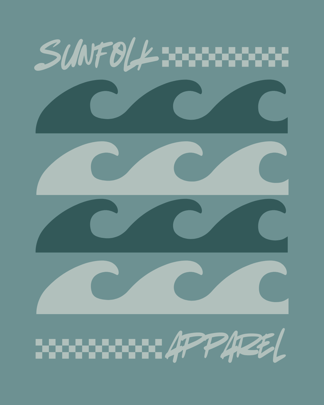 Design with wavy lines and 'Sunfolk Apparel' text on a teal background