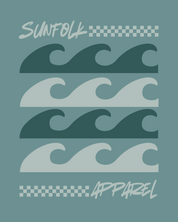 Design with wavy lines and 'Sunfolk Apparel' text on a teal background