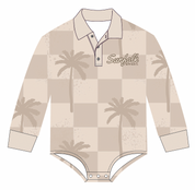 Beige checkered onesie with palm tree patterns and 'Sunfolk Apparel' logo on a white background