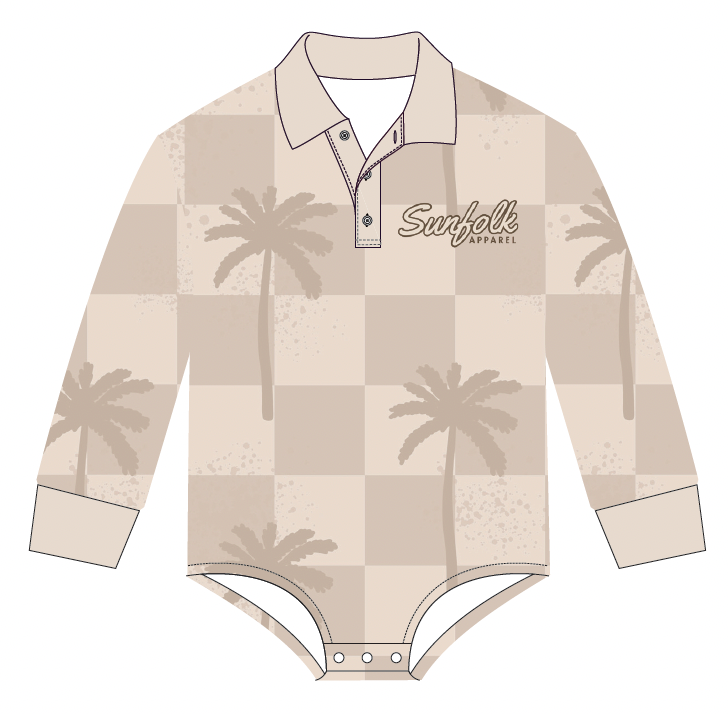 Beige checkered onesie with palm tree patterns and 'Sunfolk Apparel' logo on a white background