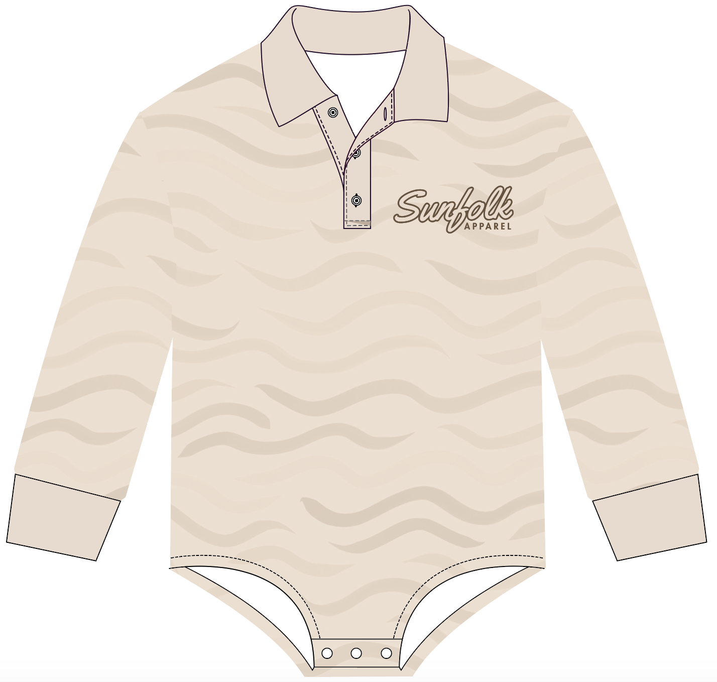 Beige baby romper with collar and 'Sunfolk Apparel' branding on a white background