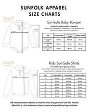 Sunfolk Apparel size chart for Sun-Safe Baby Romper and Kids Sun-Safe Shirts