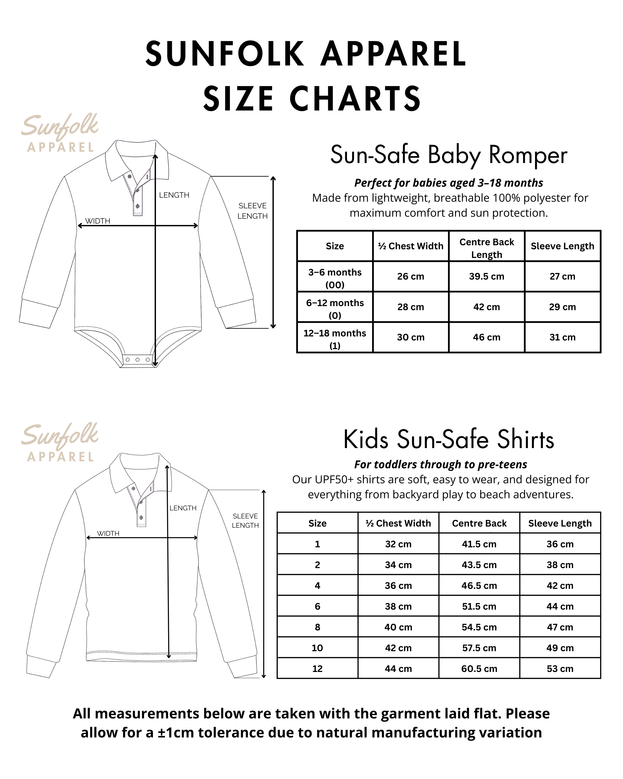 Sunfolk Apparel size chart for Sun-Safe Baby Romper and Kids Sun-Safe Shirts