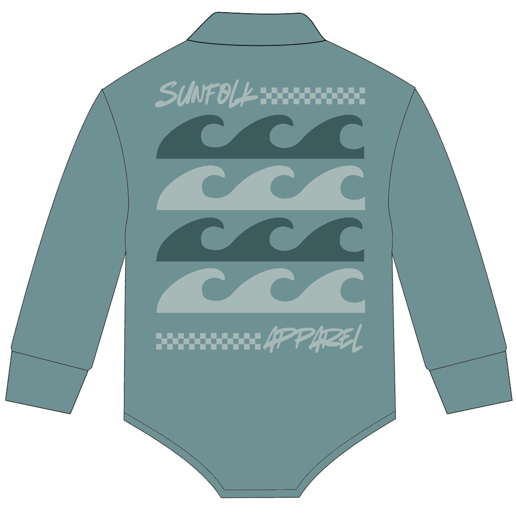 Teal long-sleeve bodysuit with wave design and branding on a white background