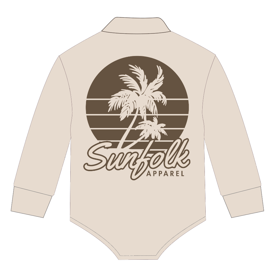 Beige long-sleeve bodysuit with 'Sunfolk Apparel' branding on a white background