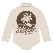 Beige long-sleeve bodysuit with 'Sunfolk Apparel' branding on a white background