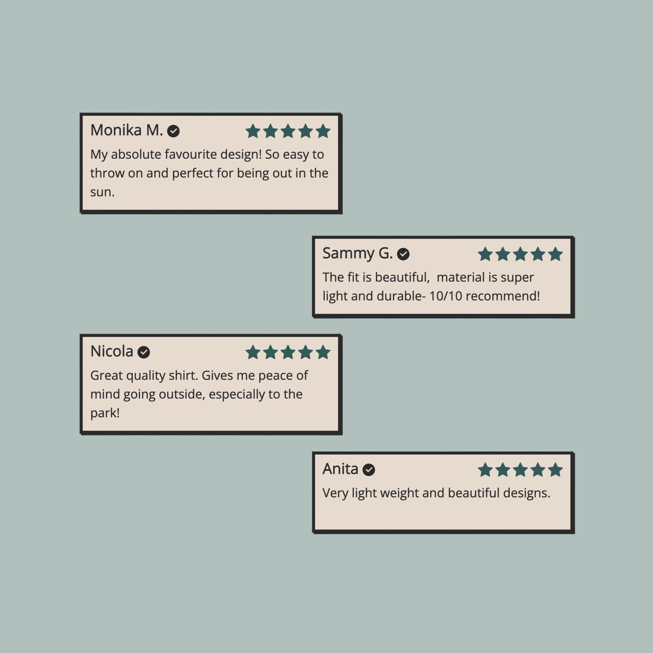 Five product reviews displayed on a light gray background