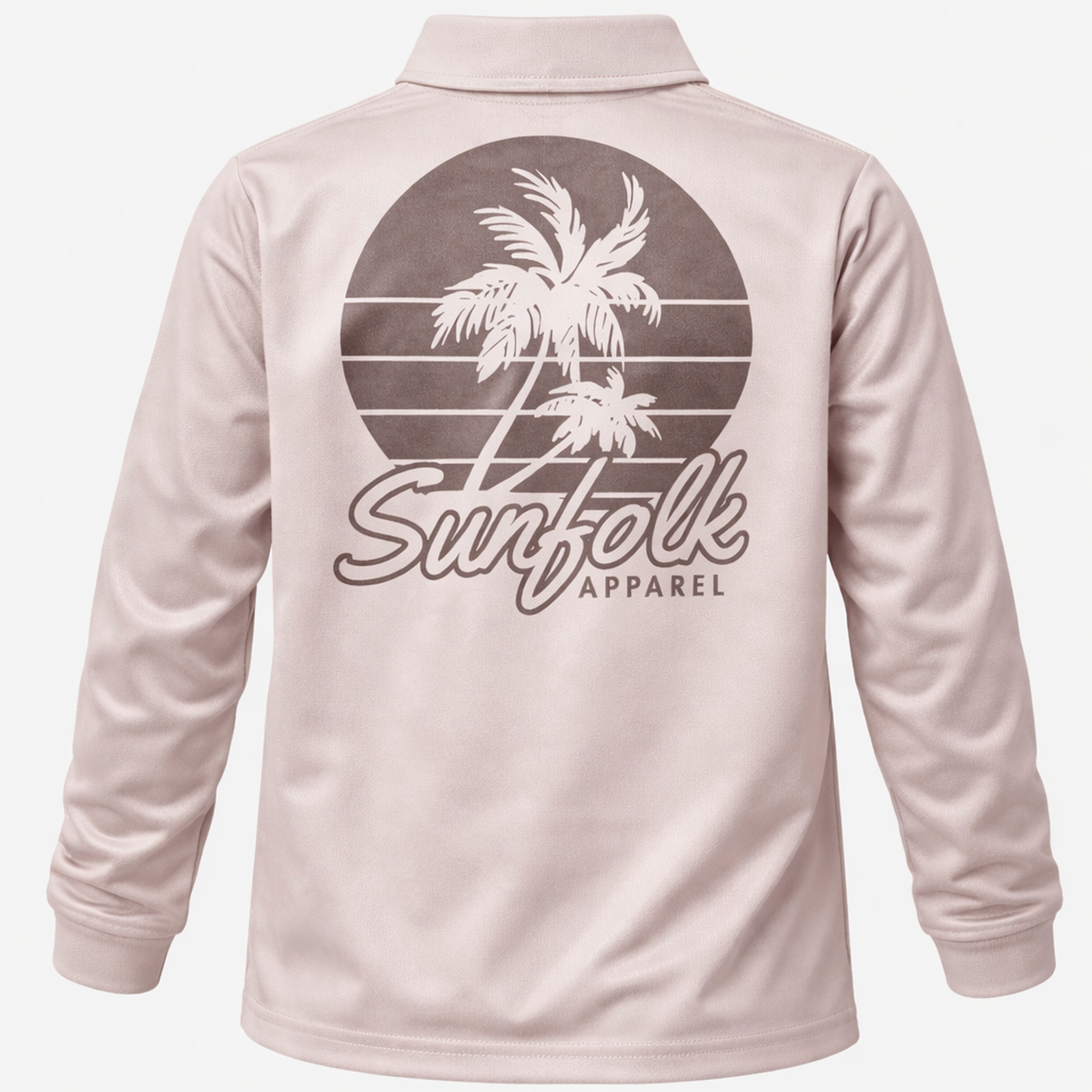 Beige long-sleeve shirt with 'Sunfolk Apparel' logo on a white background